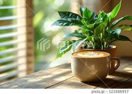 Morning coffee with latte art on a wooden table next to a potted plant. Perfect for promoting a cafe or creating a relaxing atmosphere on social media. It gives a feeling of warmth start to the day. Morning coffee with latte art on a wooden table next to a potted plant. Perfect for promoting a cafe or creating a relaxing atmosphere on social media. It gives a feeling of warmth start to the day. 122886957