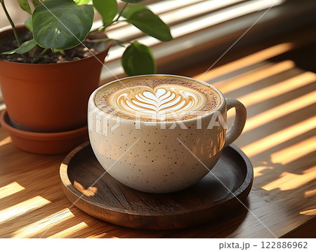 Morning coffee with latte art on a wooden table next to a potted plant. Perfect for promoting a cafe or creating a relaxing atmosphere on social media. It gives a feeling of warmth start to the day. Morning coffee with latte art on a wooden table next to a potted plant. Perfect for promoting a cafe or creating a relaxing atmosphere on social media. It gives a feeling of warmth start to the day. 122886962
