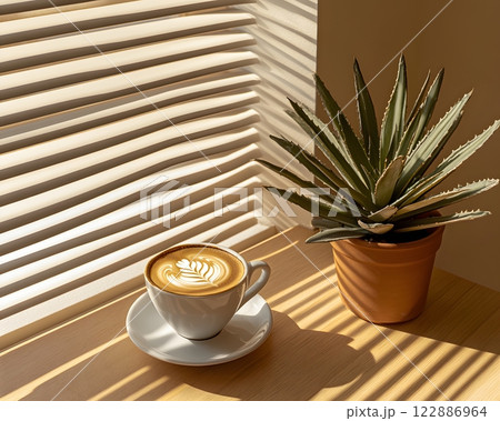 Morning coffee with latte art on a wooden table next to a potted plant. Perfect for promoting a cafe or creating a relaxing atmosphere on social media. It gives a feeling of warmth start to the day. 122886964