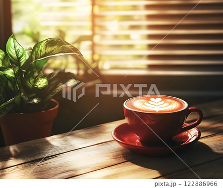 Morning coffee with latte art on a wooden table next to a potted plant. Perfect for promoting a cafe or creating a relaxing atmosphere on social media. It gives a feeling of warmth start to the day. Morning coffee with latte art on a wooden table next to a potted plant. Perfect for promoting a cafe or creating a relaxing atmosphere on social media. It gives a feeling of warmth start to the day. 122886966