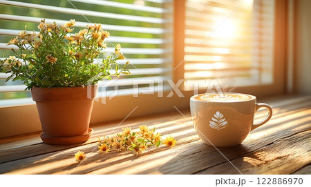 Morning coffee with latte art on a wooden table next to a potted plant. Perfect for promoting a cafe or creating a relaxing atmosphere on social media. It gives a feeling of warmth start to the day. 122886970