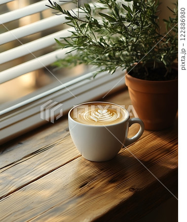 Morning coffee with latte art on a wooden table next to a potted plant. Perfect for promoting a cafe or creating a relaxing atmosphere on social media. It gives a feeling of warmth start to the day. 122886980