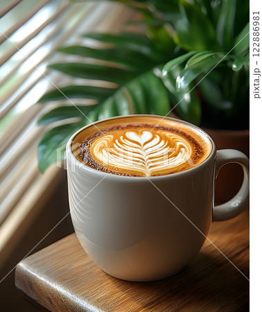 Morning coffee with latte art on a wooden table next to a potted plant. Perfect for promoting a cafe or creating a relaxing atmosphere on social media. It gives a feeling of warmth start to the day. Morning coffee with latte art on a wooden table next to a potted plant. Perfect for promoting a cafe or creating a relaxing atmosphere on social media. It gives a feeling of warmth start to the day. 122886981