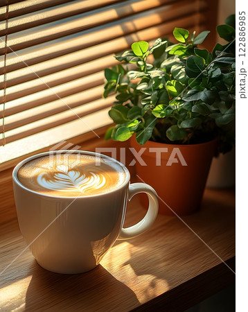 Morning coffee with latte art on a wooden table next to a potted plant. Perfect for promoting a cafe or creating a relaxing atmosphere on social media. It gives a feeling of warmth start to the day. Morning coffee with latte art on a wooden table next to a potted plant. Perfect for promoting a cafe or creating a relaxing atmosphere on social media. It gives a feeling of warmth start to the day. 122886985