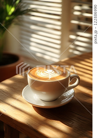 Morning coffee with latte art on a wooden table next to a potted plant. Perfect for promoting a cafe or creating a relaxing atmosphere on social media. It gives a feeling of warmth start to the day. Morning coffee with latte art on a wooden table next to a potted plant. Perfect for promoting a cafe or creating a relaxing atmosphere on social media. It gives a feeling of warmth start to the day. 122886990