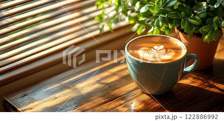 Morning coffee with latte art on a wooden table next to a potted plant. Perfect for promoting a cafe or creating a relaxing atmosphere on social media. It gives a feeling of warmth start to the day. Morning coffee with latte art on a wooden table next to a potted plant. Perfect for promoting a cafe or creating a relaxing atmosphere on social media. It gives a feeling of warmth start to the day. 122886992