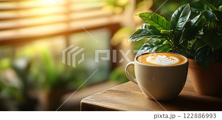 Morning coffee with latte art on a wooden table next to a potted plant. Perfect for promoting a cafe or creating a relaxing atmosphere on social media. It gives a feeling of warmth start to the day. Morning coffee with latte art on a wooden table next to a potted plant. Perfect for promoting a cafe or creating a relaxing atmosphere on social media. It gives a feeling of warmth start to the day. 122886993