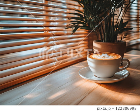 Morning coffee with latte art on a wooden table next to a potted plant. Perfect for promoting a cafe or creating a relaxing atmosphere on social media. It gives a feeling of warmth start to the day. Morning coffee with latte art on a wooden table next to a potted plant. Perfect for promoting a cafe or creating a relaxing atmosphere on social media. It gives a feeling of warmth start to the day. 122886998