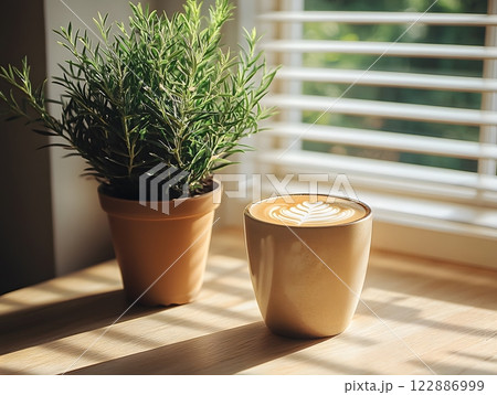 Morning coffee with latte art on a wooden table next to a potted plant. Perfect for promoting a cafe or creating a relaxing atmosphere on social media. It gives a feeling of warmth start to the day. Morning coffee with latte art on a wooden table next to a potted plant. Perfect for promoting a cafe or creating a relaxing atmosphere on social media. It gives a feeling of warmth start to the day. 122886999