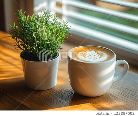 Morning coffee with latte art on a wooden table next to a potted plant. Perfect for promoting a cafe or creating a relaxing atmosphere on social media. It gives a feeling of warmth start to the day. Morning coffee with latte art on a wooden table next to a potted plant. Perfect for promoting a cafe or creating a relaxing atmosphere on social media. It gives a feeling of warmth start to the day. 122887002