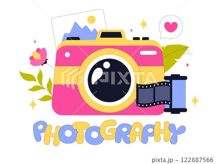 Photography Vector Illustration Featuring a Camera and Equipment for Capturing Travel, Tourism, Adventure, and Memories in a Flat Style Background 122887566