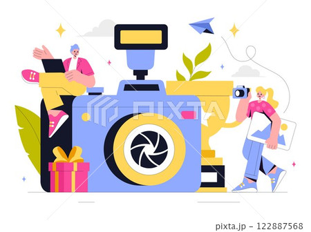 Photography Vector Illustration Featuring a Camera and Equipment for Capturing Travel, Tourism, Adventure, and Memories in a Flat Style Background 122887568