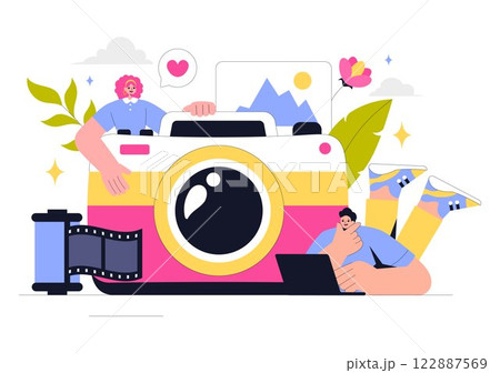 Photography Vector Illustration Featuring a Camera and Equipment for Capturing Travel, Tourism, Adventure, and Memories in a Flat Style Background Photography Vector Illustration Featuring a Camera and Equipment for Capturing Travel, Tourism, Adventure, and Memories in a Flat Style Background 122887569