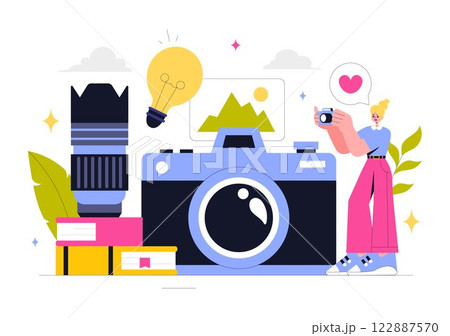 Photography Vector Illustration Featuring a Camera and Equipment for Capturing Travel, Tourism, Adventure, and Memories in a Flat Style Background 122887570