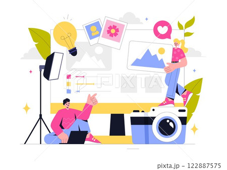 Photography Vector Illustration Featuring a Camera and Equipment for Capturing Travel, Tourism, Adventure, and Memories in a Flat Style Background 122887575