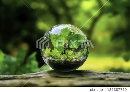 Green Plant Inside a Glass Sphere on Natural Background Green Plant Inside a Glass Sphere on Natural Background 122887789