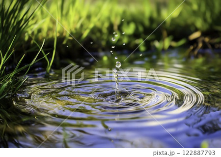 Water Droplet Falling into Calm Pond Surrounded by Green Grass 122887793