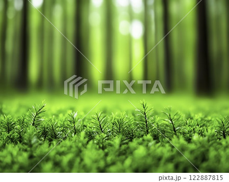 Lush Green Forest Floor with Vibrant Moss Under Soft Diffused Light 122887815
