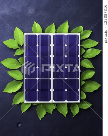 Solar Panels Surrounded by Fresh Green Leaves on Dark Background 122887816