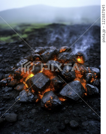 Glowing Lava Rocks on a Smoky Volcanic Landscape in Iceland Glowing Lava Rocks on a Smoky Volcanic Landscape in Iceland 122887845