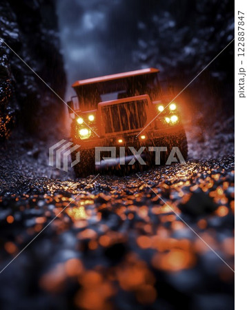 Red Off-Road Vehicle with Bright Lights in Rainy Forest Pathway 122887847