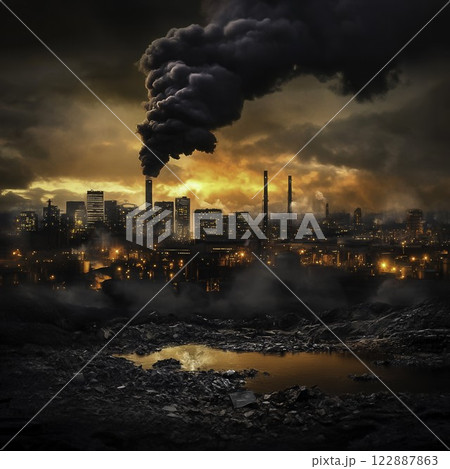 Dystopian Urban Landscape with Industrial Smoke and Dark Sky Dystopian Urban Landscape with Industrial Smoke and Dark Sky 122887863
