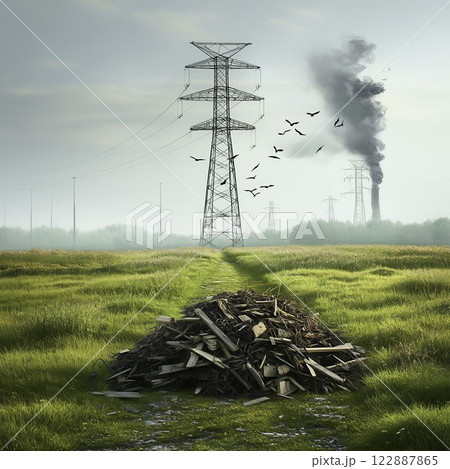 Power Lines Through Fields with Wood Pile and Smoke in Background Power Lines Through Fields with Wood Pile and Smoke in Background 122887865