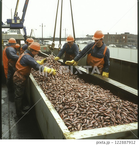 Fishermen Sorting Fresh Catch in Urban Seafood Processing Facility Fishermen Sorting Fresh Catch in Urban Seafood Processing Facility 122887912