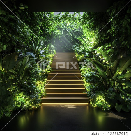 Lush Greenery and Illuminated Steps in a Tropical Indoor Garden 122887915