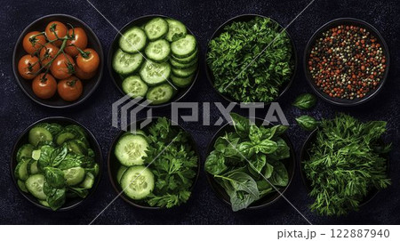 Watercolor Illustration of Fresh Vegetables and Herbs in Bowls Watercolor Illustration of Fresh Vegetables and Herbs in Bowls 122887940