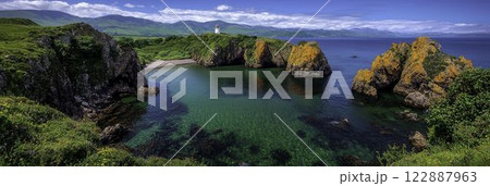 Scenic Rocky Coastline with Crashing Waves and a Lighthouse View 122887963