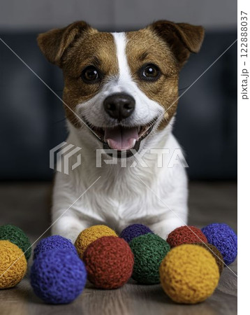 Realistic Photography of Happy Dog Playing with Colorful Balls 122888037