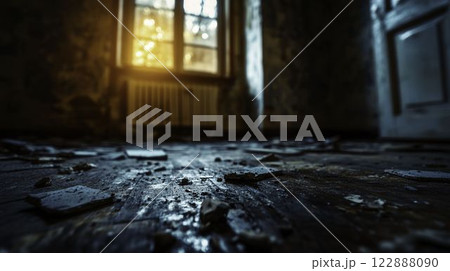 Abandoned Building Interior with Scattered Debris and Dim Light 122888090