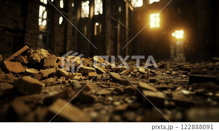 Abandoned Building Interior with Scattered Debris and Dust Particles 122888091