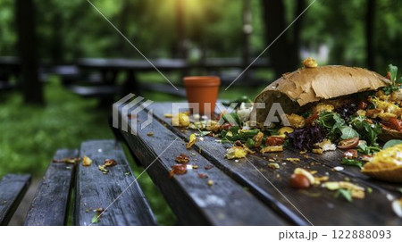 Leftover Food Waste on Abandoned Picnic Tables in Nature Area 122888093