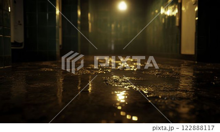 Unkempt Public Restroom with Dirty Water and Dim Lighting Effects 122888117
