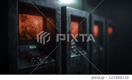 Dirty ATM Machines Covered in Fingerprints and Grime in Low Light 122888118