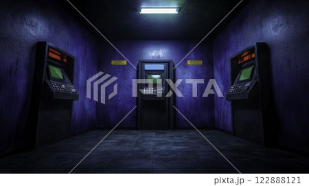 ATM Machines Covered in Fingerprints in Dimly Lit Room 122888121