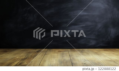 Dirty Blackboard Covered in Chalk Dust on Wooden Floor Surface 122888122