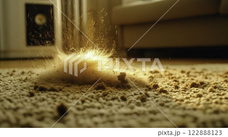 Close-up of Dirty Carpet Covered in Pet Hair and Crumbs 122888123