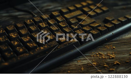 Dirty Keyboard Close-Up on a Wooden Desk Surface for Realistic Effect Dirty Keyboard Close-Up on a Wooden Desk Surface for Realistic Effect 122888130