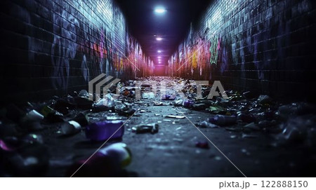 Graffiti Covered Alleyway Filled with Trash in Low Light Scene 122888150