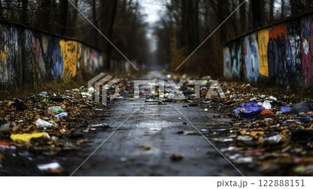 Realistic Alleyway Graffiti with Trash and Debris in Low Resolution Realistic Alleyway Graffiti with Trash and Debris in Low Resolution 122888151