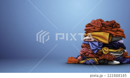 Messy Laundry Room with Scattered Clothes on Blue Background Messy Laundry Room with Scattered Clothes on Blue Background 122888185