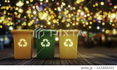 Realistic Open Trash Cans Near Food Stalls with Colorful Background Realistic Open Trash Cans Near Food Stalls with Colorful Background 122888203