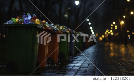 Overflowing Garbage Bins in City Park at Night with Streetlights Overflowing Garbage Bins in City Park at Night with Streetlights 122888205