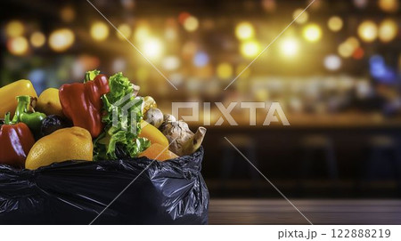 Overflowing Trash Bin in Restaurant Kitchen with Colorful Vegetables Overflowing Trash Bin in Restaurant Kitchen with Colorful Vegetables 122888219