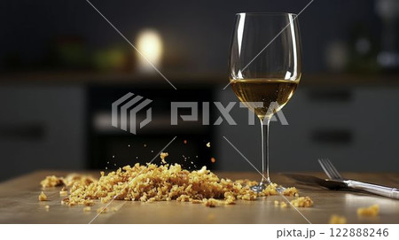 Realistic Sticky Dining Table with Food Spills and Messy Surroundings 122888246