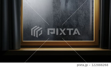 Smudged and Unclean Hospital Window with Condensation and Curtain 122888268