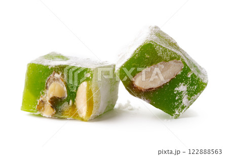 Green Turkish delight with nuts served on a clean background Green Turkish delight with nuts served on a clean background 122888563